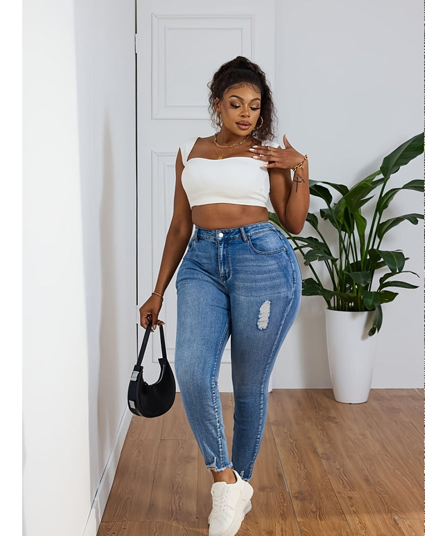 jkthpu-45 Women's High-Stretch Skinny Jeans with Distressed Knee Slit