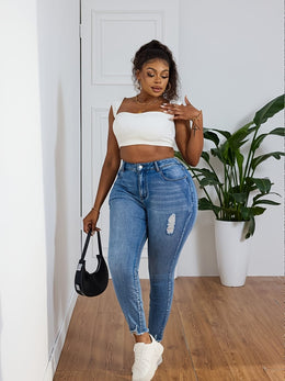 jkthpu-45 Women's High-Stretch Skinny Jeans with Distressed Knee Slit