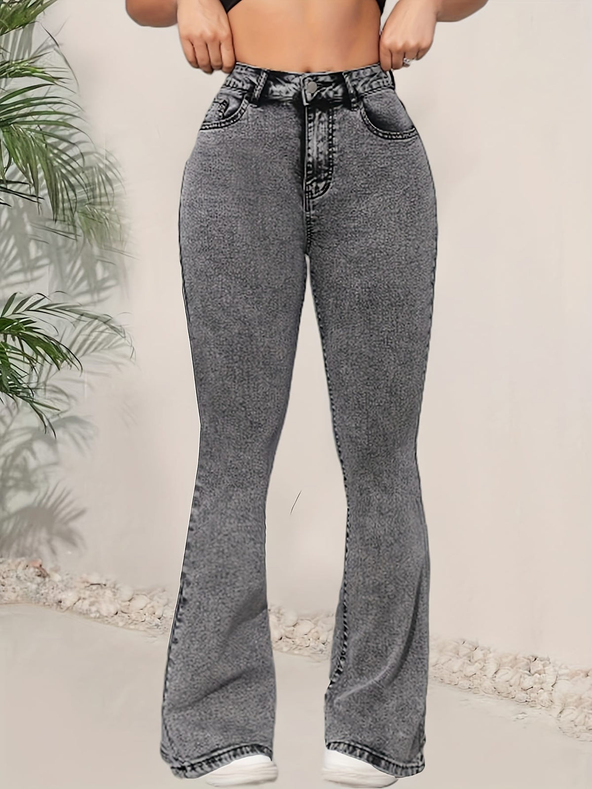 jkthpu-45 Women's High-Waisted Flared Jeans - Stretchy Non-See-Through Bell