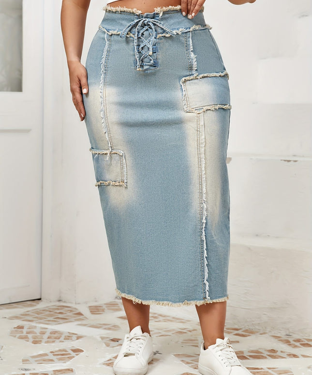 jkthpu-45 Women's High-Waisted Skinny Jeans skirt - Stretchy Non-See-Through Fabric, Plus Size Friendly, All-Season Casual to Formal Outfits with Tie-Up Front Closure for Everyday & Special Events, Versatile Styling, Raw Edge Detailing, Durable Construction, Fashio
