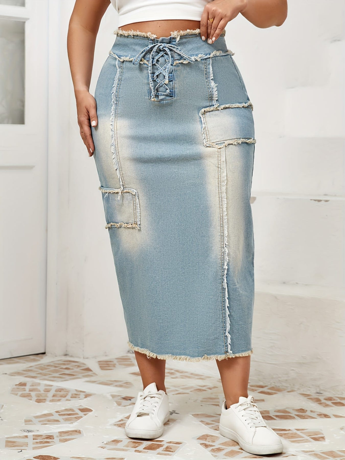 jkthpu-45 Women's High-Waisted Skinny Jeans skirt - Stretchy Non-See-Through Fabric, Plus Size Friendly, All-Season Casual to Formal Outfits with Tie-Up Front Closure for Everyday & Special Events, Versatile Styling, Raw Edge Detailing, Durable Construction, Fashio