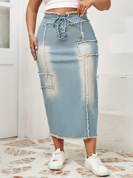 jkthpu-45 Women's High-Waisted Skinny Jeans skirt - Stretchy Non-See-Through Fabric, Plus Size Friendly, All-Season Casual to Formal Outfits with Tie-Up Front Closure for Everyday & Special Events, Versatile Styling, Raw Edge Detailing, Durable Construction, Fashio