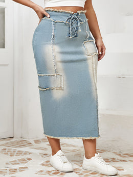 jkthpu-45 Women's High-Waisted Skinny Jeans skirt - Stretchy Non-See-Through Fabric, Plus Size Friendly, All-Season Casual to Formal Outfits with Tie-Up Front Closure for Everyday & Special Events, Versatile Styling, Raw Edge Detailing, Durable Construction, Fashio