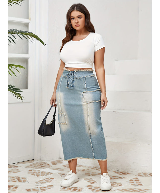 jkthpu-45 Women's High-Waisted Skinny Jeans skirt - Stretchy Non-See-Through Fabric, Plus Size Friendly, All-Season Casual to Formal Outfits with Tie-Up Front Closure for Everyday & Special Events, Versatile Styling, Raw Edge Detailing, Durable Construction, Fashio