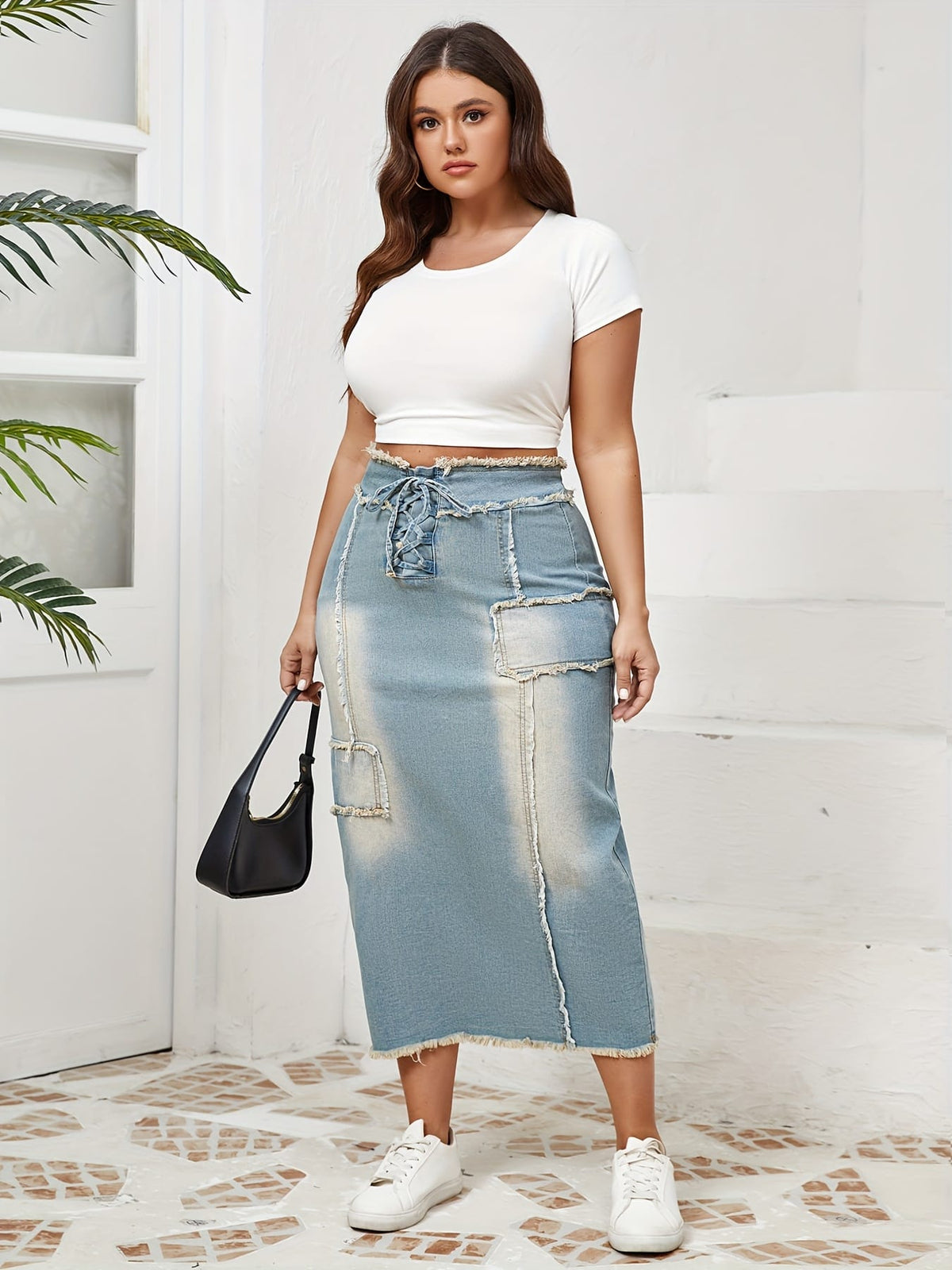 jkthpu-45 Women's High-Waisted Skinny Jeans skirt - Stretchy Non-See-Through Fabric, Plus Size Friendly, All-Season Casual to Formal Outfits with Tie-Up Front Closure for Everyday & Special Events, Versatile Styling, Raw Edge Detailing, Durable Construction, Fashio