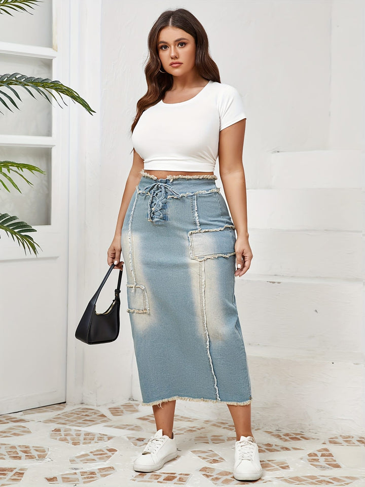 Women's High-Waisted Skinny Jeans skirt - Stretchy Non-See-Through Fabric, Plus Size Friendly, All-Season Casual to Formal Outfits with Tie-Up Front Closure for Everyday & Special Events, Versatile Styling, Raw Edge Detailing, Durable Construction, Fashio