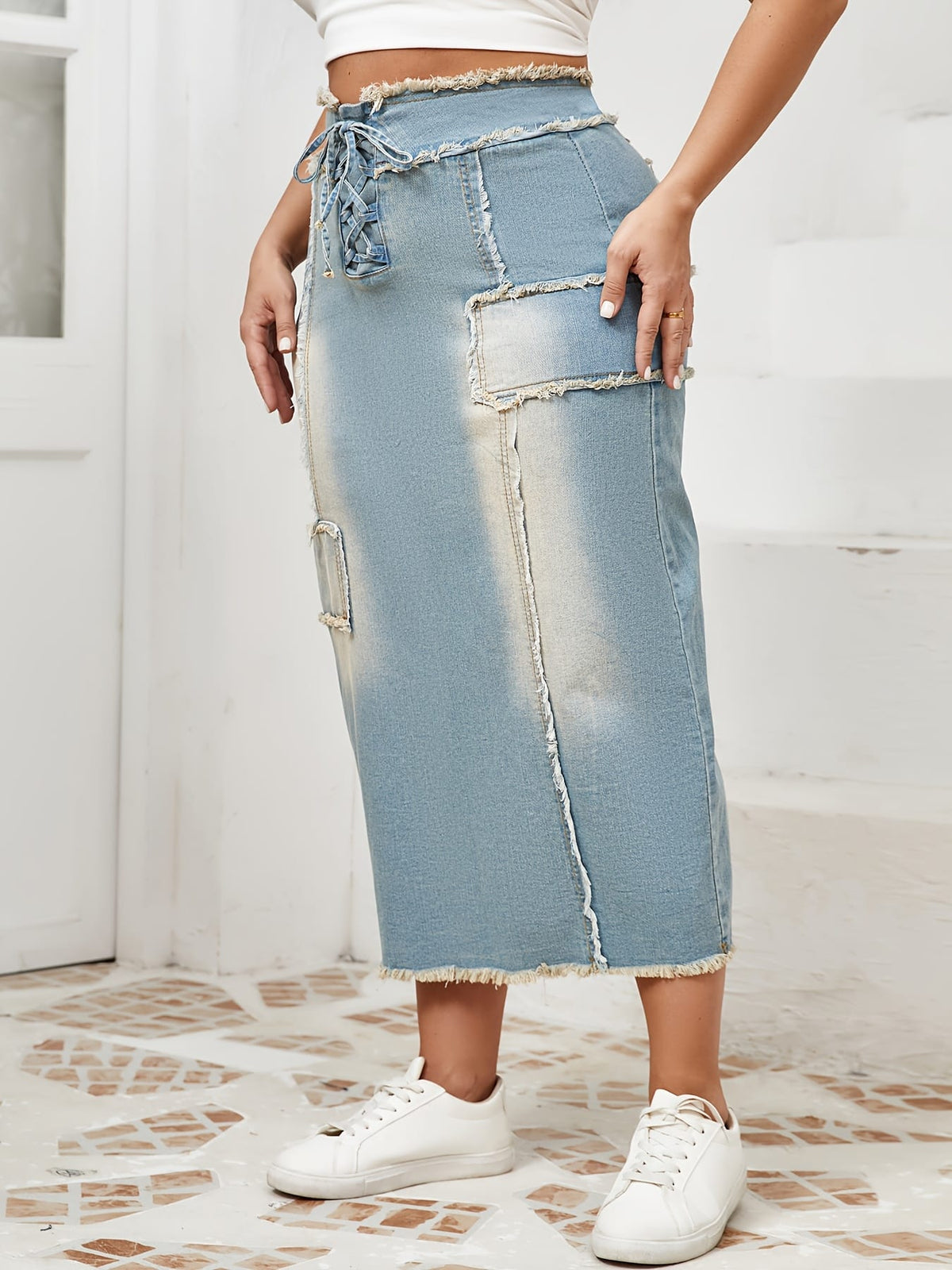 jkthpu-45 Women's High-Waisted Skinny Jeans skirt - Stretchy Non-See-Through Fabric, Plus Size Friendly, All-Season Casual to Formal Outfits with Tie-Up Front Closure for Everyday & Special Events, Versatile Styling, Raw Edge Detailing, Durable Construction, Fashio