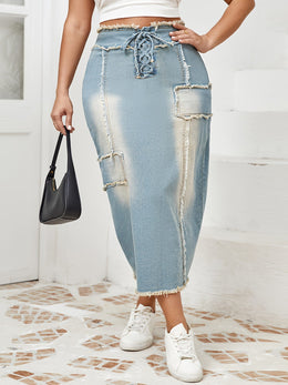 jkthpu-45 Women's High-Waisted Skinny Jeans skirt - Stretchy Non-See-Through Fabric, Plus Size Friendly, All-Season Casual to Formal Outfits with Tie-Up Front Closure for Everyday & Special Events, Versatile Styling, Raw Edge Detailing, Durable Construction, Fashio