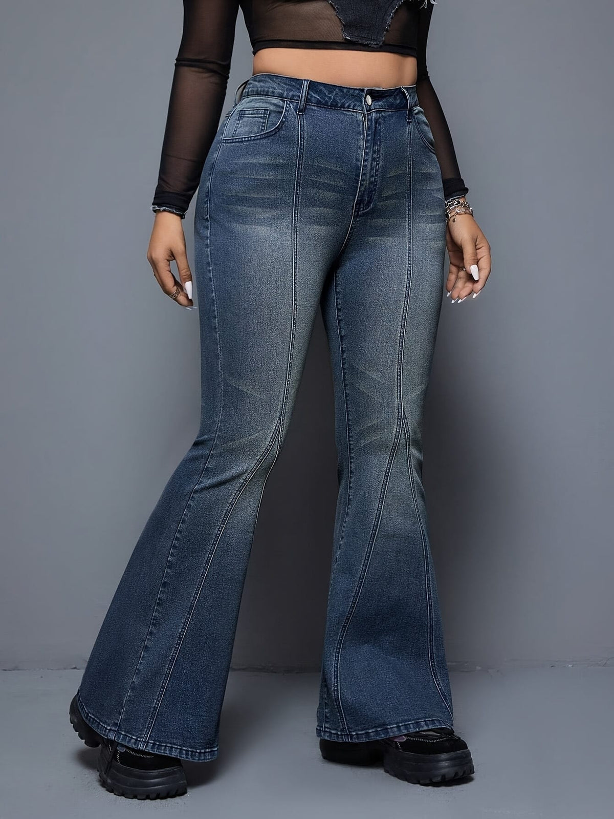 jkthpu-45 Women'S High-Waisted Stretch Denim Flare Jeans - Elegant