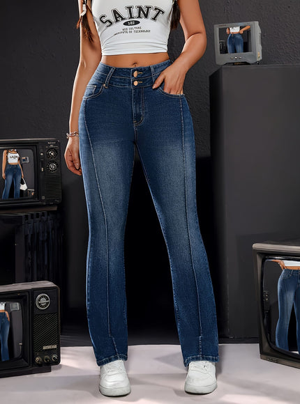 jkthpu-45 Women's High-Waisted Stretch Denim Jeans - Adjustable Double