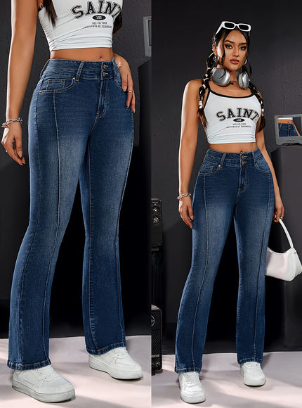 jkthpu-45 Women's High-Waisted Stretch Denim Jeans - Adjustable Double