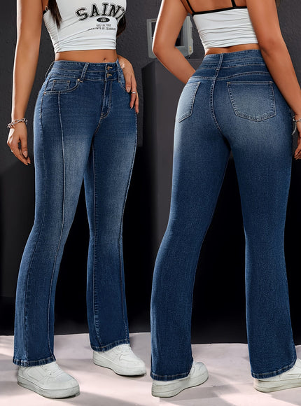 jkthpu-45 Women's High-Waisted Stretch Denim Jeans - Adjustable Double