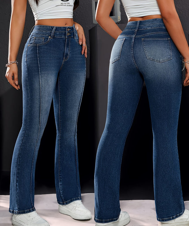 jkthpu-45 Women's High-Waisted Stretch Denim Jeans - Adjustable Double