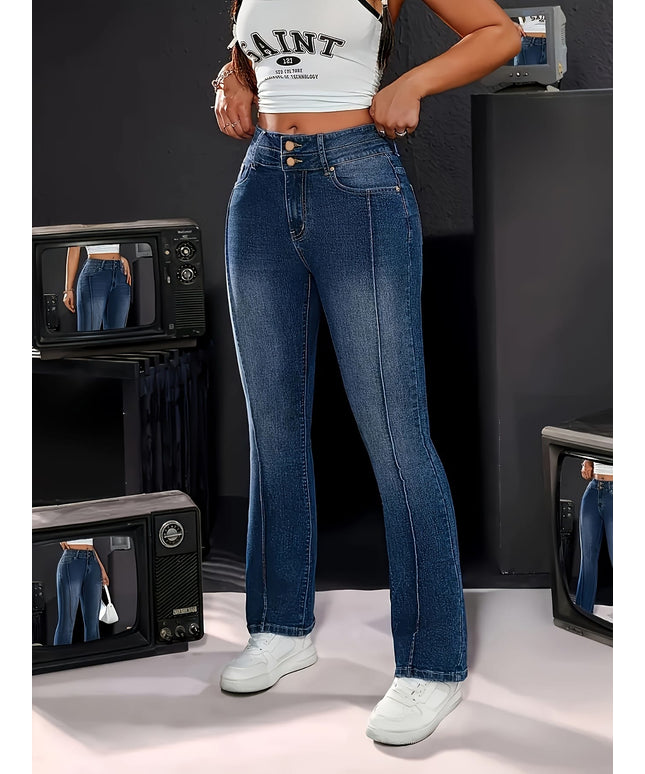 jkthpu-45 Women's High-Waisted Stretch Denim Jeans - Adjustable Double