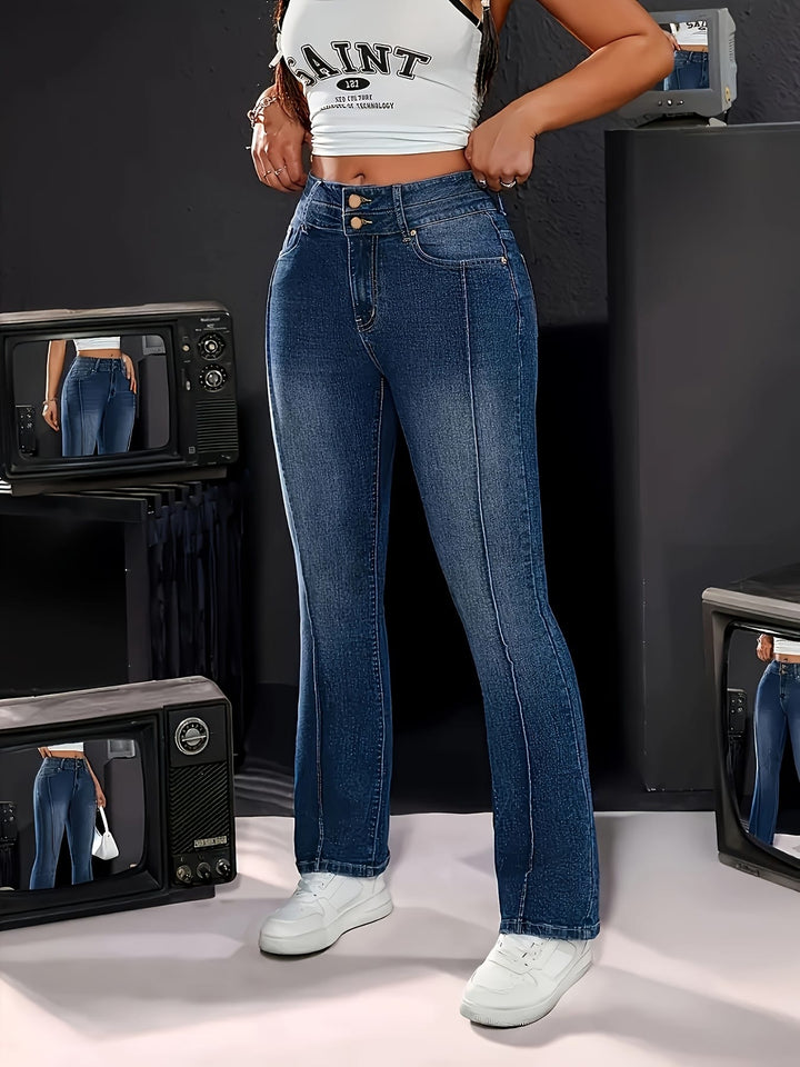 Women's High-Waisted Stretch Denim Jeans - Adjustable Double