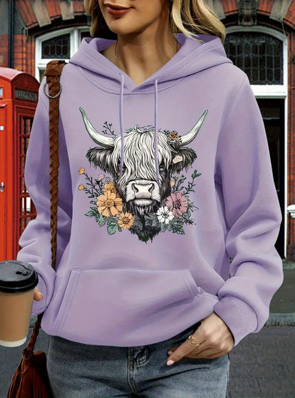 jkthpu-45 Women's Oversized Hoodie with Highland Cow Floral Graphic