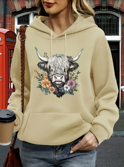 jkthpu-45 Women's Oversized Hoodie with Highland Cow Floral Graphic