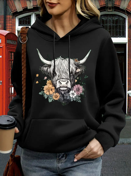 jkthpu-45 Women's Oversized Hoodie with Highland Cow Floral Graphic