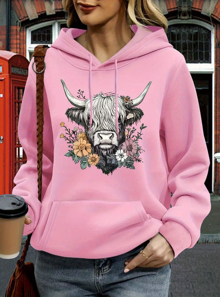 jkthpu-45 Women's Oversized Hoodie with Highland Cow Floral Graphic
