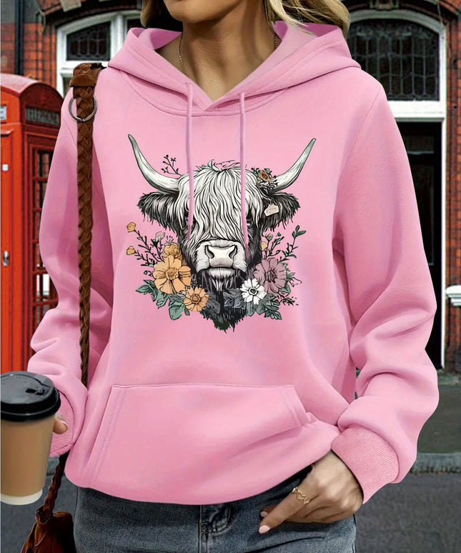 jkthpu-45 Women's Oversized Hoodie with Highland Cow Floral Graphic