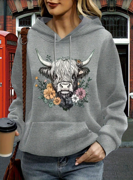 jkthpu-45 Women's Oversized Hoodie with Highland Cow Floral Graphic