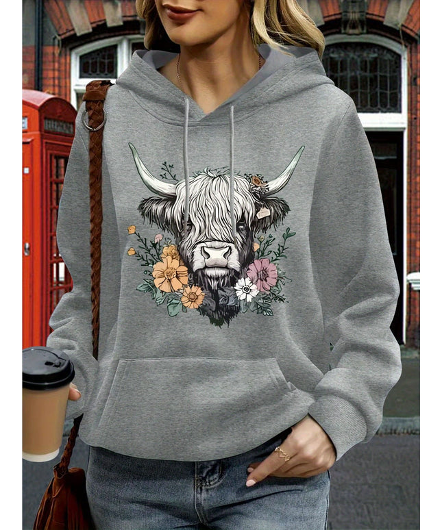 jkthpu-45 Women's Oversized Hoodie with Highland Cow Floral Graphic