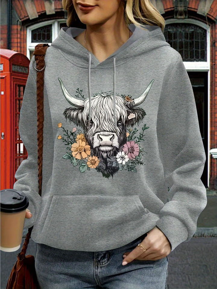 Women's Oversized Hoodie with Highland Cow Floral Graphic