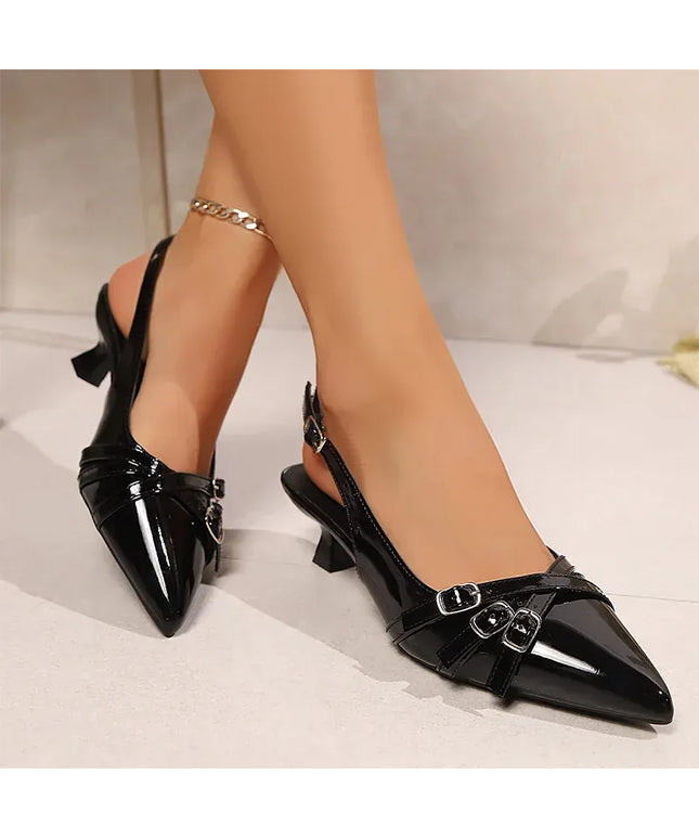 KissICON Women's Patent Leather Thin Heeled Sandals Metal Buckle
