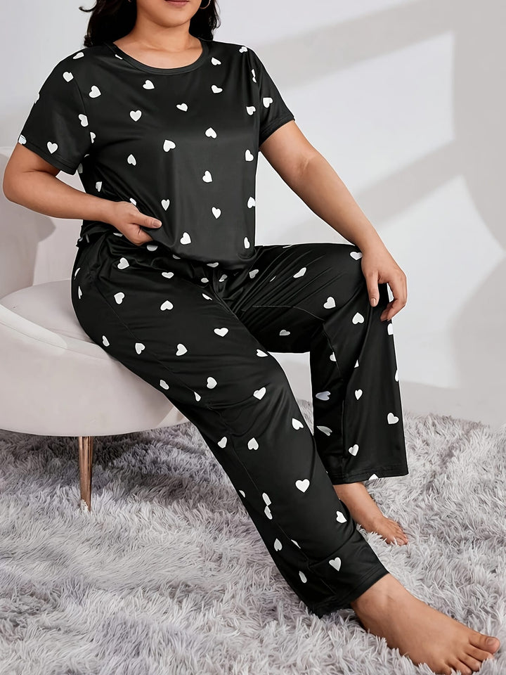 Women's Plus Casual Pajama Set, Plus Size Heart
