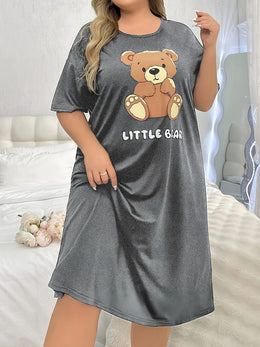 jkthpu-45 Women's Plus Cute Sleep Dress, Plus Size Cartoon Bear & Letter Print Short Sleeve Crew Neck Nightdress