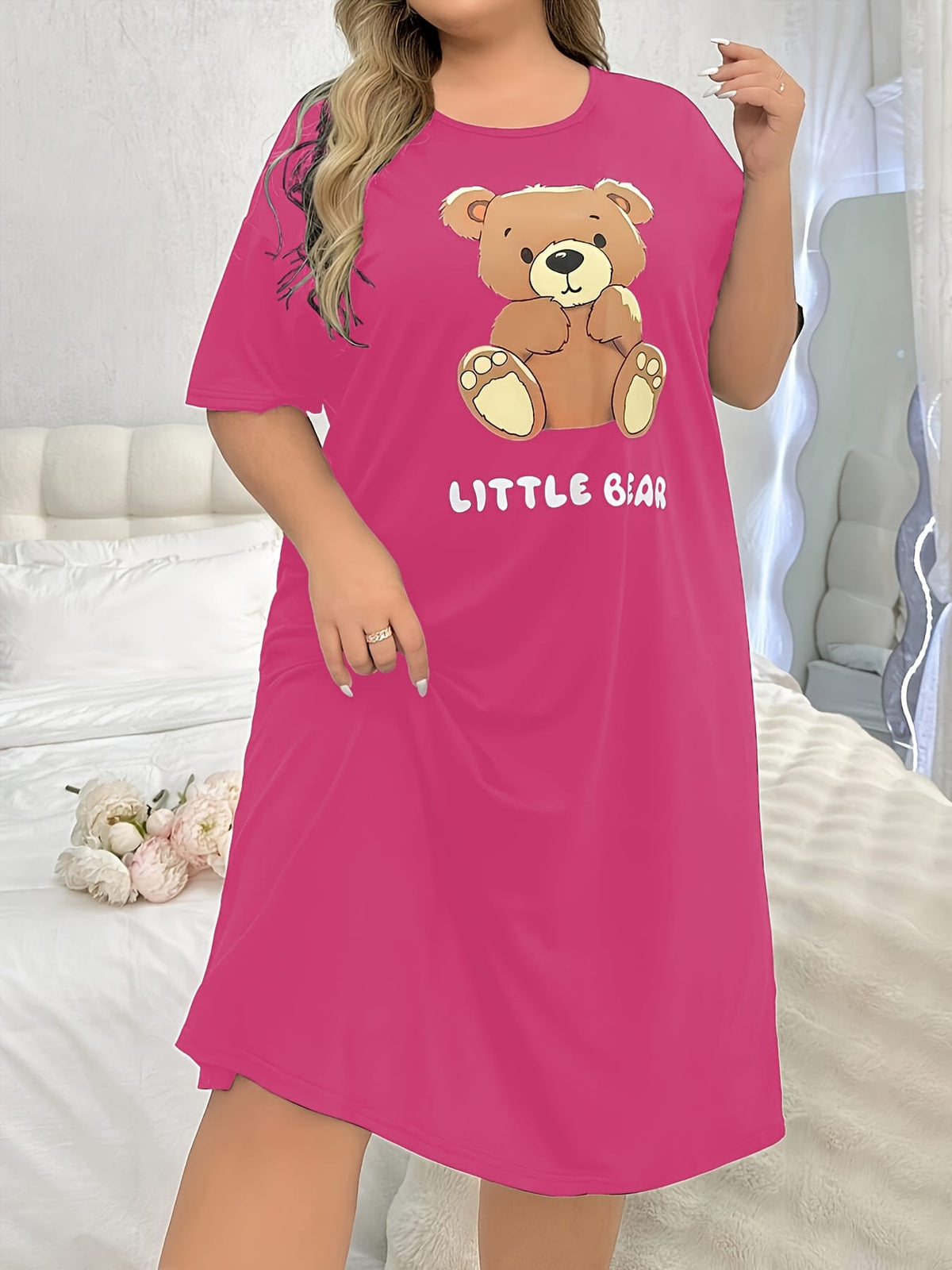 jkthpu-45 Women's Plus Cute Sleep Dress, Plus Size Cartoon Bear & Letter Print Short Sleeve Crew Neck Nightdress
