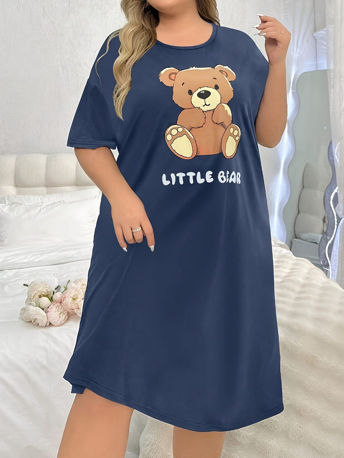 jkthpu-45 Women's Plus Cute Sleep Dress, Plus Size Cartoon Bear & Letter Print Short Sleeve Crew Neck Nightdress