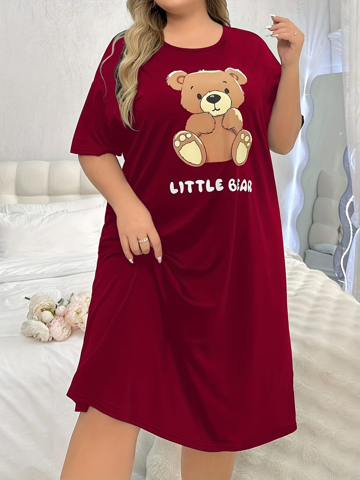 jkthpu-45 Women's Plus Cute Sleep Dress, Plus Size Cartoon Bear & Letter Print Short Sleeve Crew Neck Nightdress