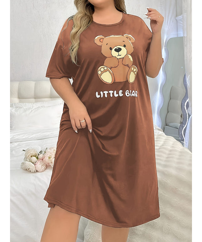 jkthpu-45 Women's Plus Cute Sleep Dress, Plus Size Cartoon Bear & Letter Print Short Sleeve Crew Neck Nightdress