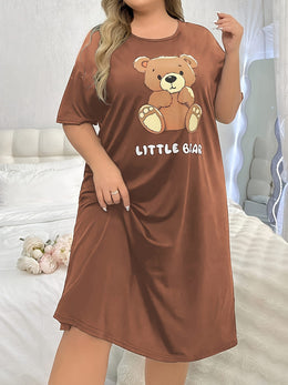 jkthpu-45 Women's Plus Cute Sleep Dress, Plus Size Cartoon Bear & Letter Print Short Sleeve Crew Neck Nightdress