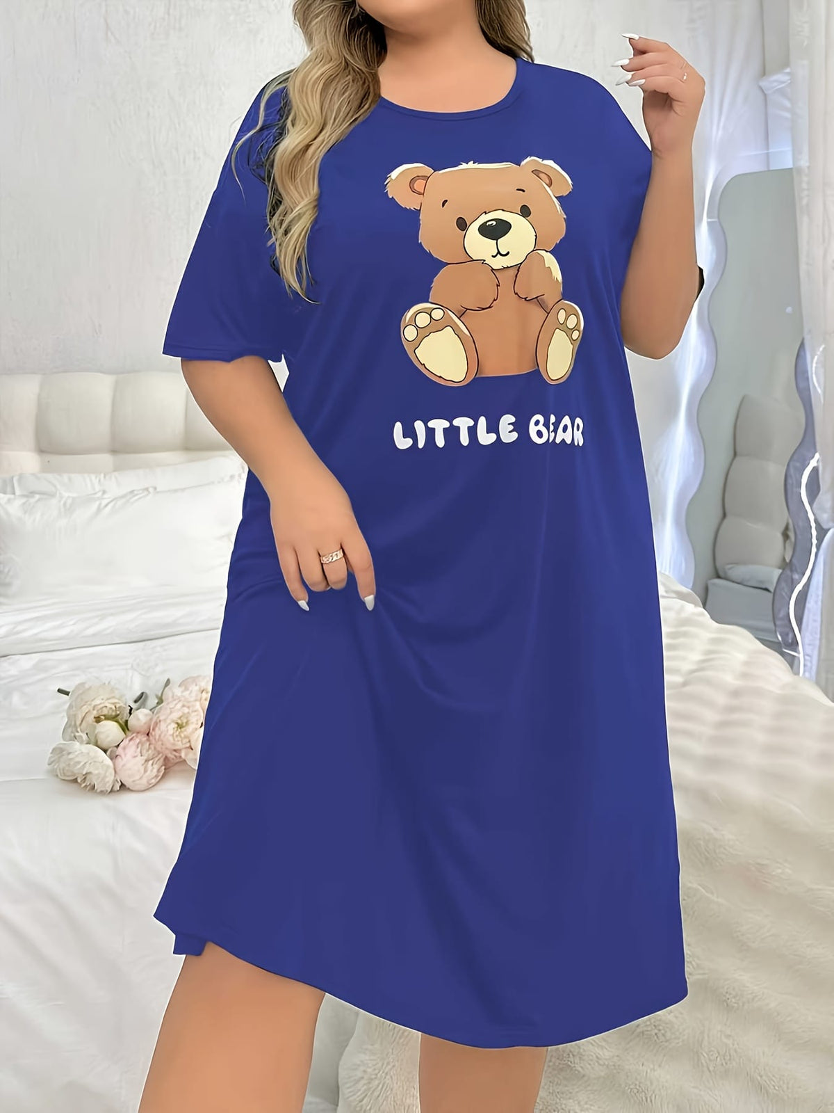 jkthpu-45 Women's Plus Cute Sleep Dress, Plus Size Cartoon Bear & Letter Print Short Sleeve Crew Neck Nightdress
