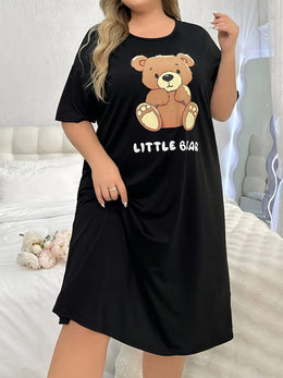 jkthpu-45 Women's Plus Cute Sleep Dress, Plus Size Cartoon Bear & Letter Print Short Sleeve Crew Neck Nightdress