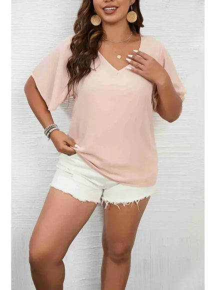 KissICON Women's Plus Size 1XL-5XL Solid Color Short Sleeve Blouse V Neck Bell Sleeve Blouse Casual Pullovers Shirt Top