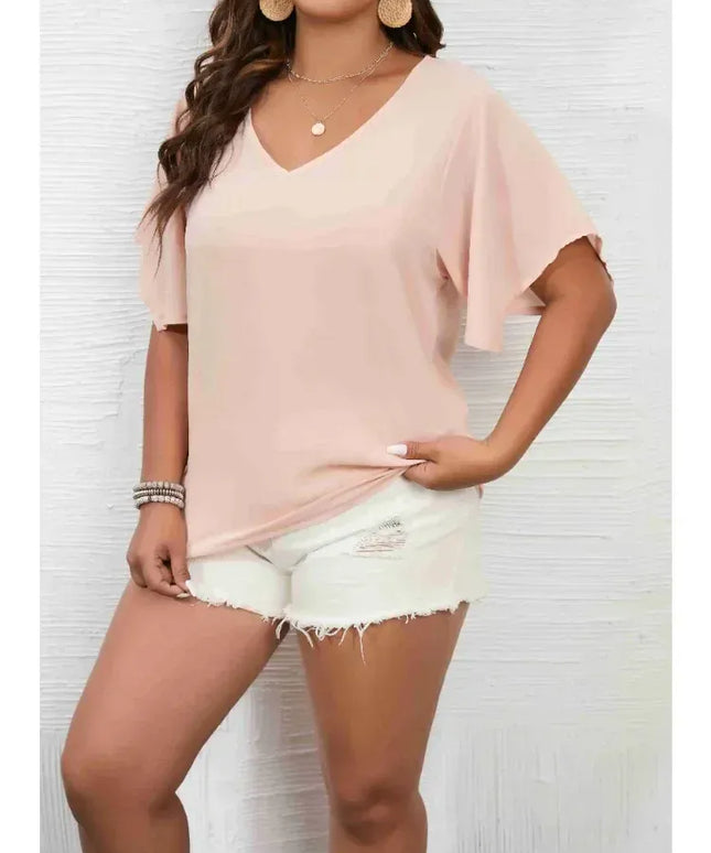 KissICON Women's Plus Size 1XL-5XL Solid Color Short Sleeve Blouse V Neck Bell Sleeve Blouse Casual Pullovers Shirt Top