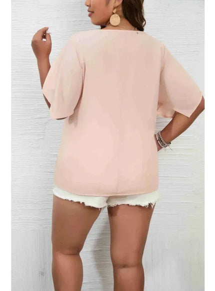 KissICON Women's Plus Size 1XL-5XL Solid Color Short Sleeve Blouse V Neck Bell Sleeve Blouse Casual Pullovers Shirt Top