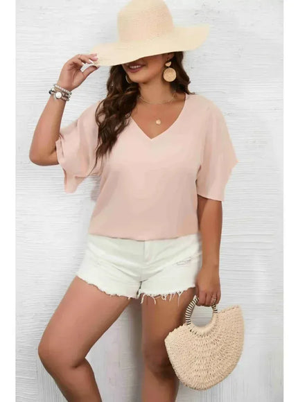 KissICON Women's Plus Size 1XL-5XL Solid Color Short Sleeve Blouse V Neck Bell Sleeve Blouse Casual Pullovers Shirt Top