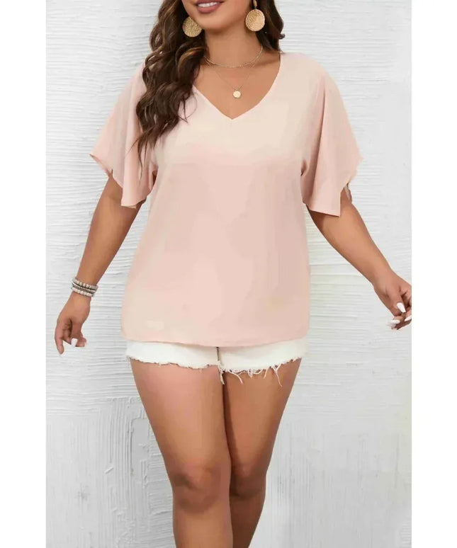 KissICON Women's Plus Size 1XL-5XL Solid Color Short Sleeve Blouse V Neck Bell Sleeve Blouse Casual Pullovers Shirt Top