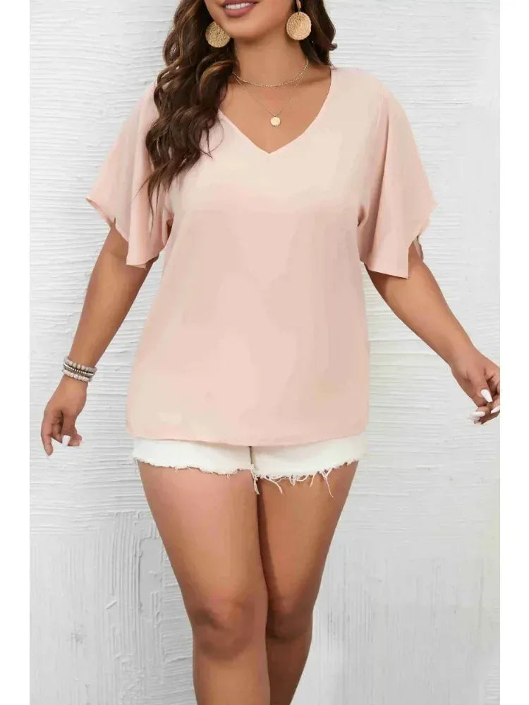 KissICON Women's Plus Size 1XL-5XL Solid Color Short Sleeve Blouse V Neck Bell Sleeve Blouse Casual Pullovers Shirt Top