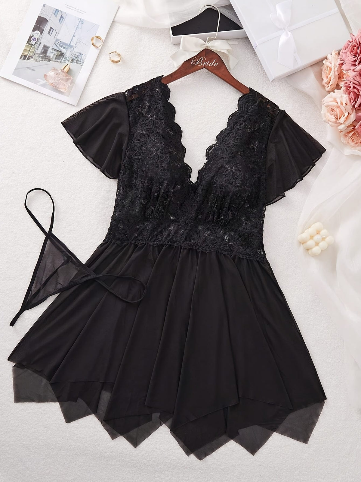 jkthpu-45 Women's plus size babydoll flower lace sexy lingerie deep V pajamas see-through mesh pajamas home nightdress Valentine's Day gift