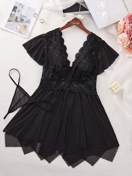 jkthpu-45 Women's plus size babydoll flower lace sexy lingerie deep V pajamas see-through mesh pajamas home nightdress Valentine's Day gift