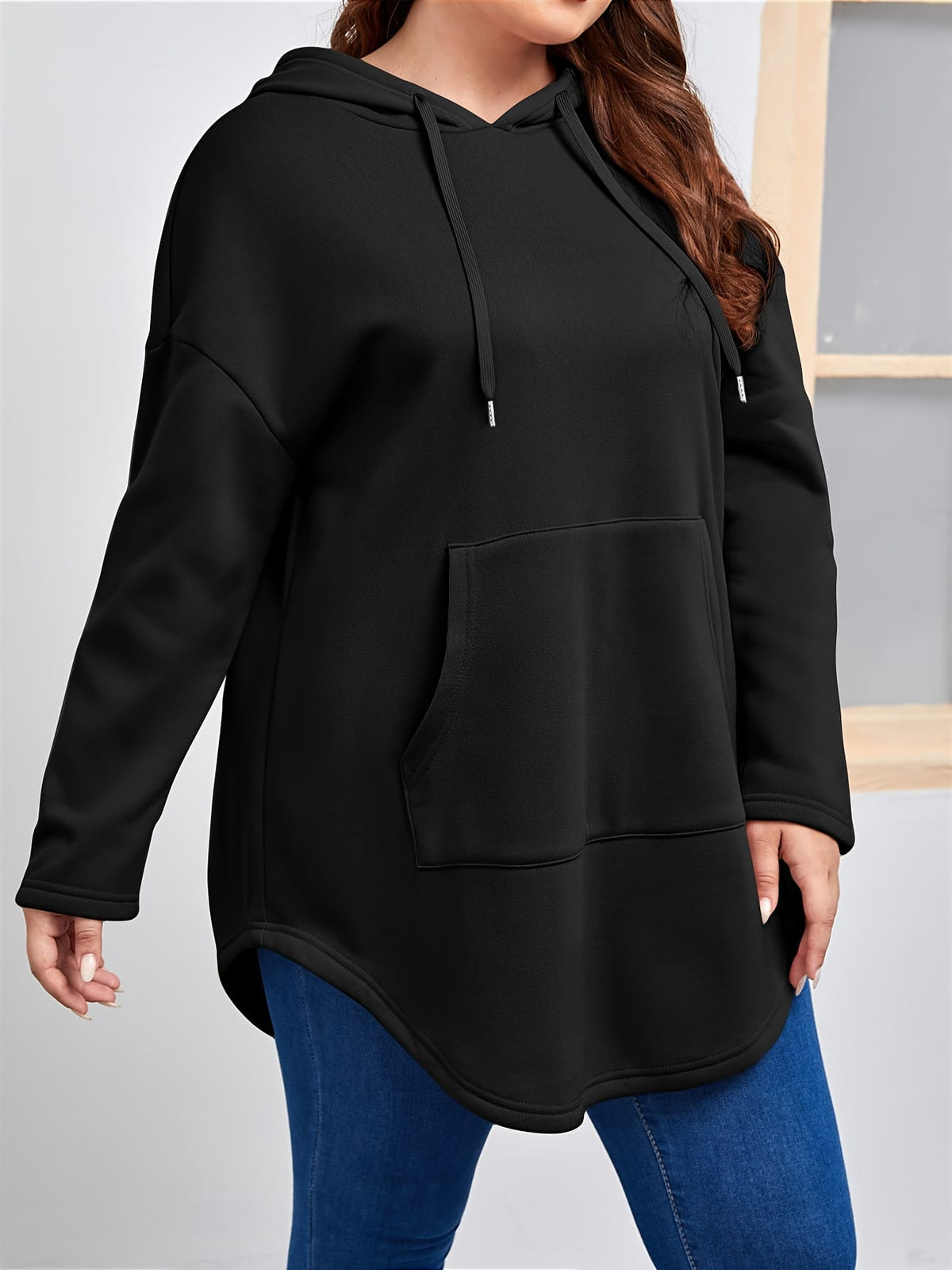 jkthpu-45 Women'S Plus Size Black Hoodie - Casual Pullover