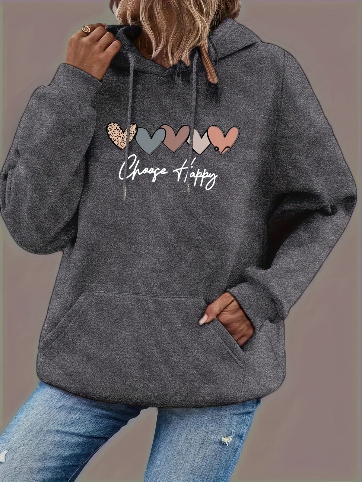 jkthpu-45 Women'S Plus Size Black Hoodie with "Choose Happy"