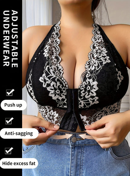 jkthpu-45 Women's Plus Size Black Lace camisole top - Elegant Backless blouse with Front Closure, Soft Stretchy fabric, No Underwire Bras Needed for Formal, Party, Everyday Outfits - One-Piece Lace Lingerie Blouse, Lace Blouse, Formal Attire, Removable Padding