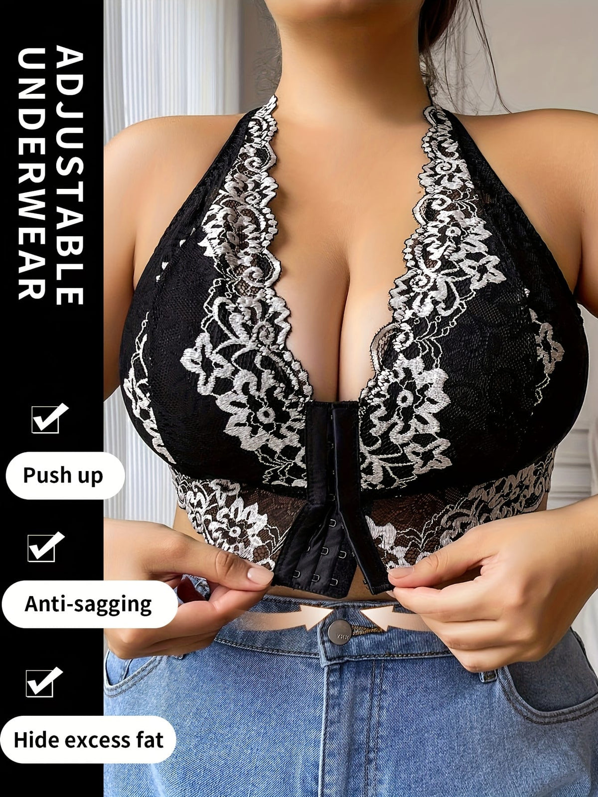 jkthpu-45 Women's Plus Size Black Lace camisole top - Elegant Backless blouse with Front Closure, Soft Stretchy fabric, No Underwire Bras Needed for Formal, Party, Everyday Outfits - One-Piece Lace Lingerie Blouse, Lace Blouse, Formal Attire, Removable Padding