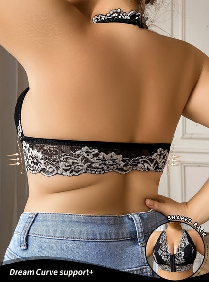 jkthpu-45 Women's Plus Size Black Lace camisole top - Elegant Backless blouse with Front Closure, Soft Stretchy fabric, No Underwire Bras Needed for Formal, Party, Everyday Outfits - One-Piece Lace Lingerie Blouse, Lace Blouse, Formal Attire, Removable Padding